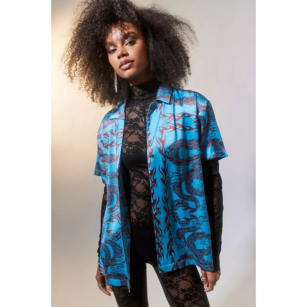 Urban Outfitters Starlight Satin Souvenir Button-Down Dragon Print Women's M